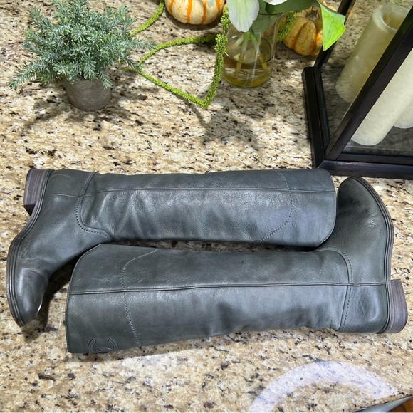 CHANEL Gray Interlocking CC Logo Leather Riding Boots 36.5 - Picture 5 of 14